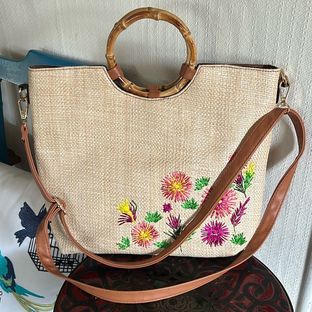 Vintage Straw Handbag with Raffia Flowers - Picture 2 of 8